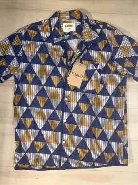 KARDO Men's Short-Sleeve CHINTAN Button-Up Shirt in Blue and Mustard Block Print